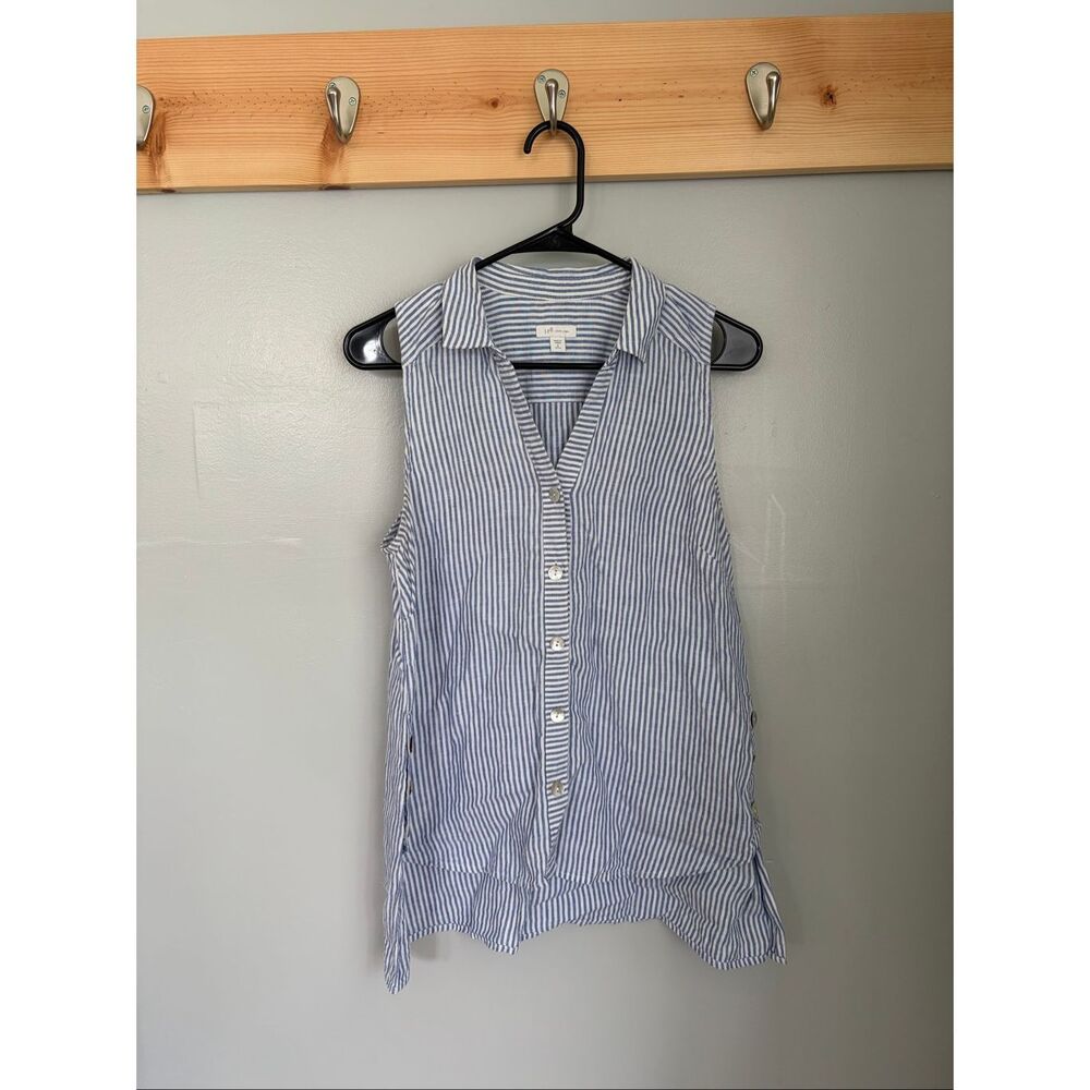 J Jill Love Linen Blue Stripe Sleeveless Tunic Button V Neck Petite Small